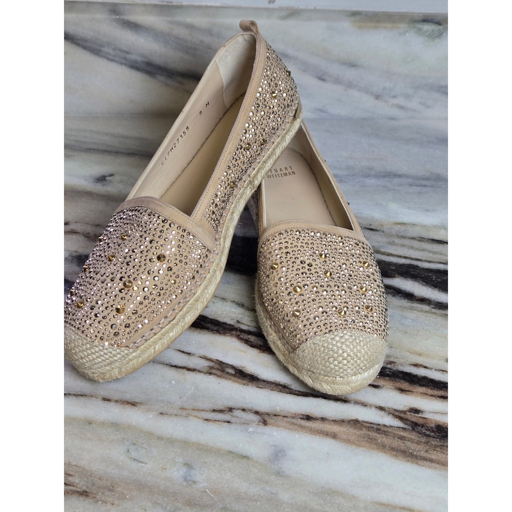 Stuart Weitzman Crystal Studded Espadrille Flats Beige Coastal Resort Womens 9 M